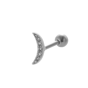 Detail of silver crescent moon stud earring with white cubic zirconia and screw ball back