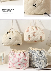 Quilted cosmetic bag large capacity portable travel storage pouch cute drawstring bag