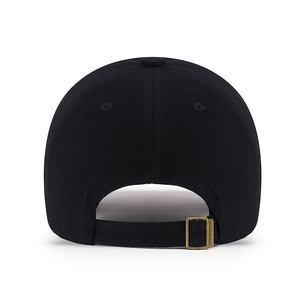 Rear view of black cotton baseball cap showing adjustable strap and bronze metal buckle