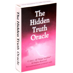 Three-dimensional side view of The Hidden Truth Oracle box with pink and black gradient