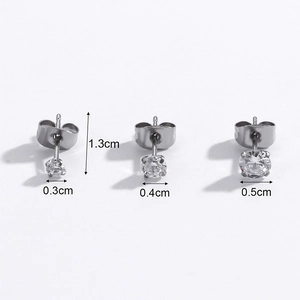 Three round cubic zirconia stud earrings in stainless steel with 3mm 4mm 5mm sizes