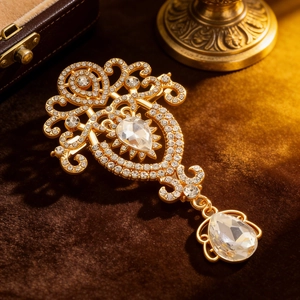 Macro view of vintage gold pendant featuring intricate rhinestone inlay and pear-cut crystals