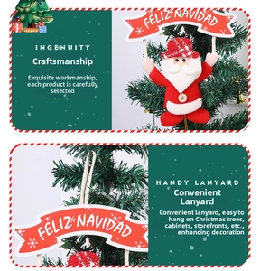 Detail of Santa Claus hanging ornament with Feliz Navidad banner on a Christmas tree
