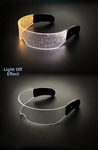 Cyberpunk LED glasses macro view showing lens texture and glowing light effect contrast