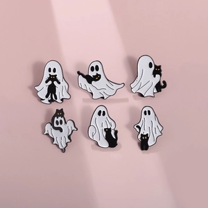 Detailed set of six Halloween ghost and black cat enamel pins made of zinc alloy