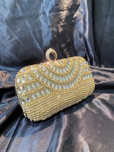 Elegant gold rhinestone evening clutch bag with crystal ring handle for formal parties