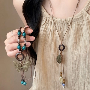 Long Pendant Necklace Alloy Butterfly Leaf Wood Ceramic Beads Wax Rope Adjustable Ethnic Bohemian Vintage Jewelry Women