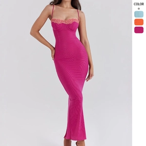 Sexy Maxikleid Für Damen Mit Spaghettiträgern Und Spitzenbesatz Rückenfrei Überkreuzt Gerippt Körperbetont Sommerurlaub