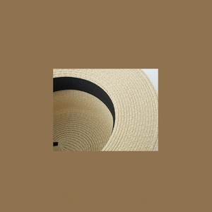 Detail of beige straw sun hat showing fine woven texture and black inner sweatband