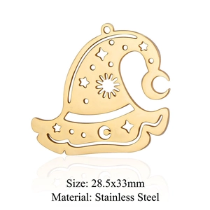 Detail view of 28.5x33mm gold witch hat pendant in polished stainless steel