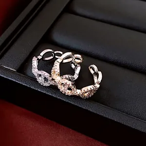 Interlocking Chain Link Open Ring Copper 14K Gold Plated Micro Pave Cubic Zirconia Adjustable Minimalist Luxury Women