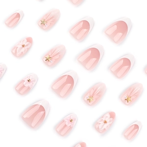 Short almond press-on nails with 3D white flowers, starfish accents and French tips