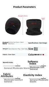 Detail showing dimensions of knit beanie and neck warmer with soft ribbed texture
