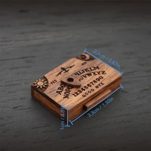Miniature wooden Ouija board box with drawer and planchette for home decor, 1.30 inch length