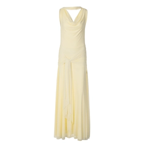Detail of light yellow backless maxi dress featuring waist pleats and decorative ribbons