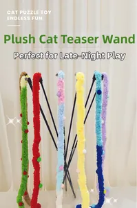 Colorful plush caterpillar cat teaser wands with bells in a glass vase display