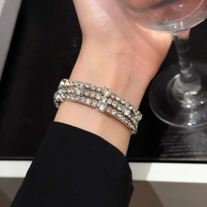 Luxurious multi-layer silver geometric bracelet with sparkling rhinestones for women