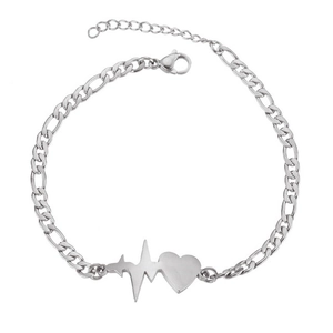Detail of silver Figaro chain bracelet featuring a heart and heartbeat pendant
