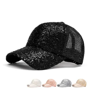 Funkelnde Pailletten-Baseballkappe für Damen mit atmungsaktivem Mesh-Rücken in Schwarz