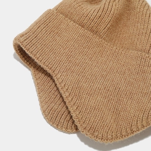 Minimalist camel rib-knit beanie hat for outdoor warmth showing soft textile texture