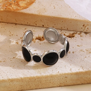 Vintage adjustable stainless steel open ring with black enamel oil drip design