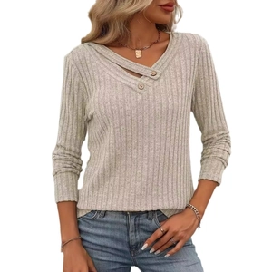 Women's V-neck ribbed knit long sleeve top with decorative buttons in oatmeal color