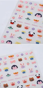 Detail of 3D embossed cartoon animal nail stickers with pandas and bears on gray background