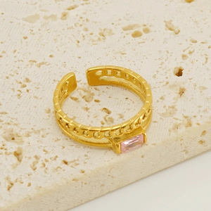 Adjustable 18K gold-plated stainless steel ring with pink zircon and hollow cuban chain link
