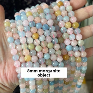 Detailed view of 8mm natural Morganite beryl beads in pastel pink and blue colors