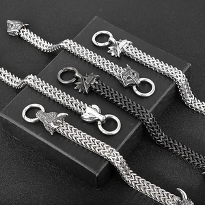 Vintage stainless steel dragon and wolf head biker bracelets in silver and gunmetal finish
