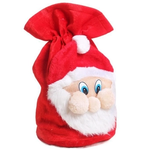 Christmas Santa Claus red velvet gift bag with drawstring and plush 3D beard detail