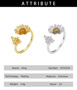 Detailed specs of the 925 silver sunflower and bee ring with cubic zirconia stones