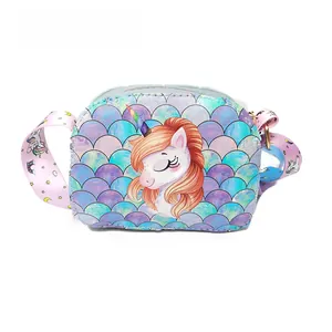 Detail of glitter sequins texture and unicorn print on kids crossbody bag