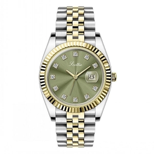 Women's minimalist waterproof watch with two-tone steel strap and olive green dial