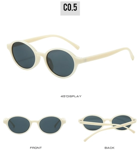 Three-angle view showing front, back, and 45-degree side details of oval cream sunglasses