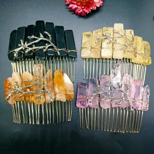 Natural Crystal Hair Comb Side Slide Metal Tree Branch Handmade Bohemian Vintage Wedding Hair Jewelry For Women