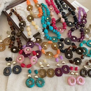 Vintage Irregular Acrylic Resin Bead Necklace Bracelet And Earrings With Silver Earring Post Marble Pattern For Women