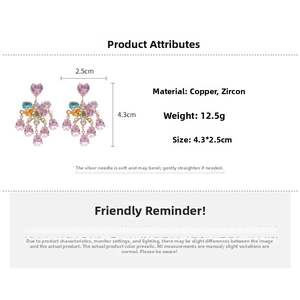 Detail of colorful zircon tassel earrings showing dimensions of 4.3cm by 2.5cm