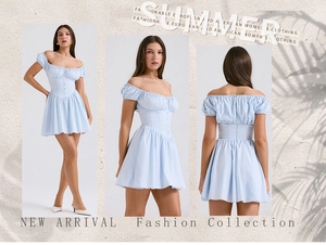 Detailed views of light blue off-the-shoulder corset dress with puff sleeves and buttons