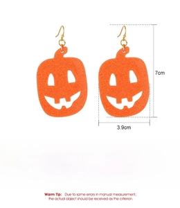 Detail view of orange acrylic pumpkin Halloween earrings with precise size measurements