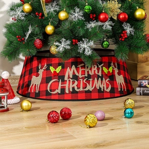 Red and black buffalo plaid Christmas tree collar with gold Merry Christmas print