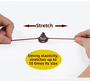 Funny brown stretchy emoji poop toy shown being pulled to 10 times its size