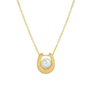 Elegant gold U-shaped pendant necklace with white pearl on minimalist gold chain link