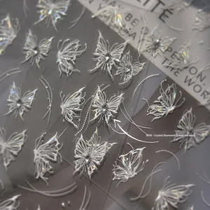 Macro view of 3D crystal butterfly nail stickers with pearlescent finish, model 3818