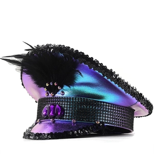 Iridescent Purple Sequin Captain Hat With Rhinestones Feather Gemstone Festival Party Carnival Stage Performance Punk Style Adult