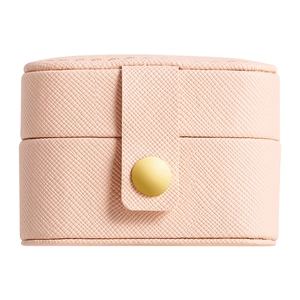 Portable mini jewelry box in pink cross-grain PU leather with gold snap button