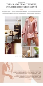Close-up of pink satin ice silk robe set featuring refined black piping and waist tie