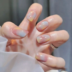 Short Square Press On Nails Glossy Ice Cream Gradient Colorful False Nails For Women Manicure Art