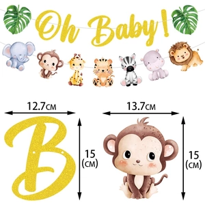 Golden Oh Baby banner with glitter letters and watercolor jungle animals for party decor