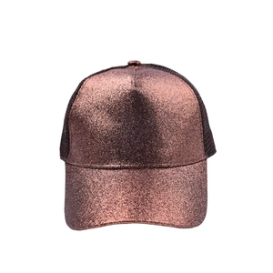 Glittery rose gold ponytail baseball cap with breathable black mesh back for outdoors